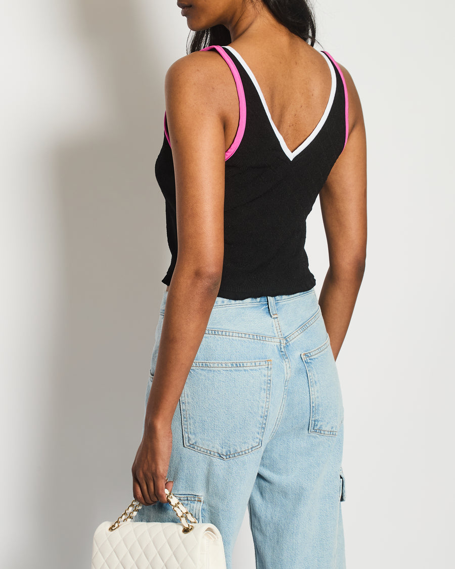 Chanel Black V-Neck Vest Top With CC Logo and Pink Trim Size FR 34 (UK 6)