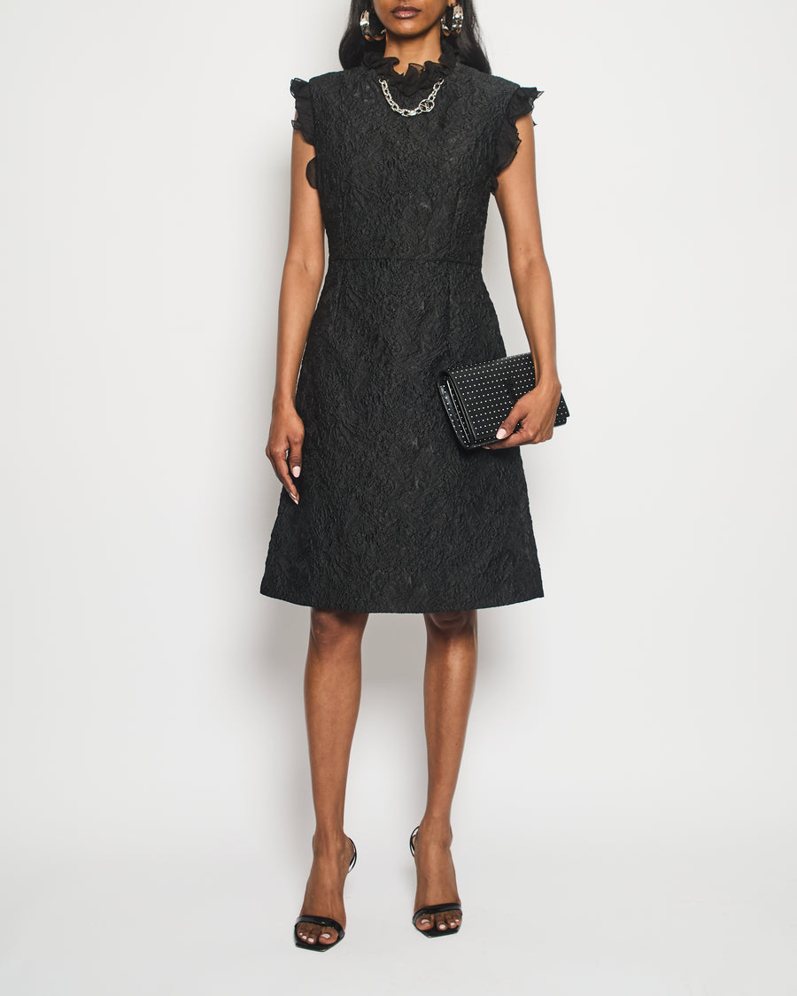 Louis Vuitton Black Textured Floral Midi Dress With Chiffon Frill Detail and Silver Logo Chain Hardware FR 38 (UK 10)