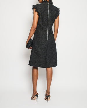 Louis Vuitton Black Textured Floral Midi Dress With Chiffon Frill Detail and Silver Logo Chain Hardware FR 38 (UK 10)