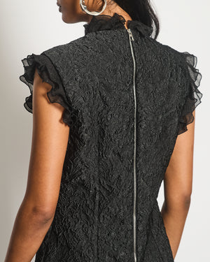 Louis Vuitton Black Textured Floral Midi Dress With Chiffon Frill Detail and Silver Logo Chain Hardware FR 38 (UK 10)