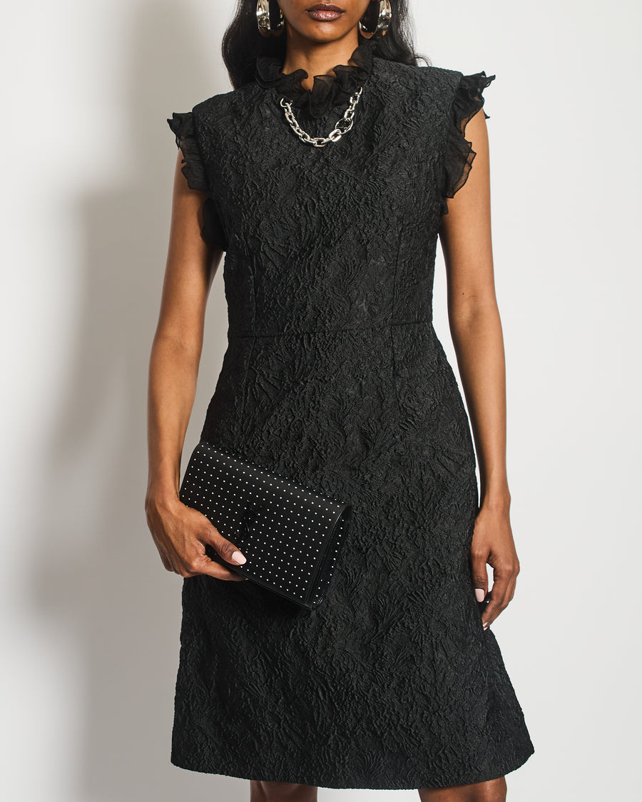 Louis Vuitton Black Textured Floral Midi Dress With Chiffon Frill Detail and Silver Logo Chain Hardware FR 38 (UK 10)