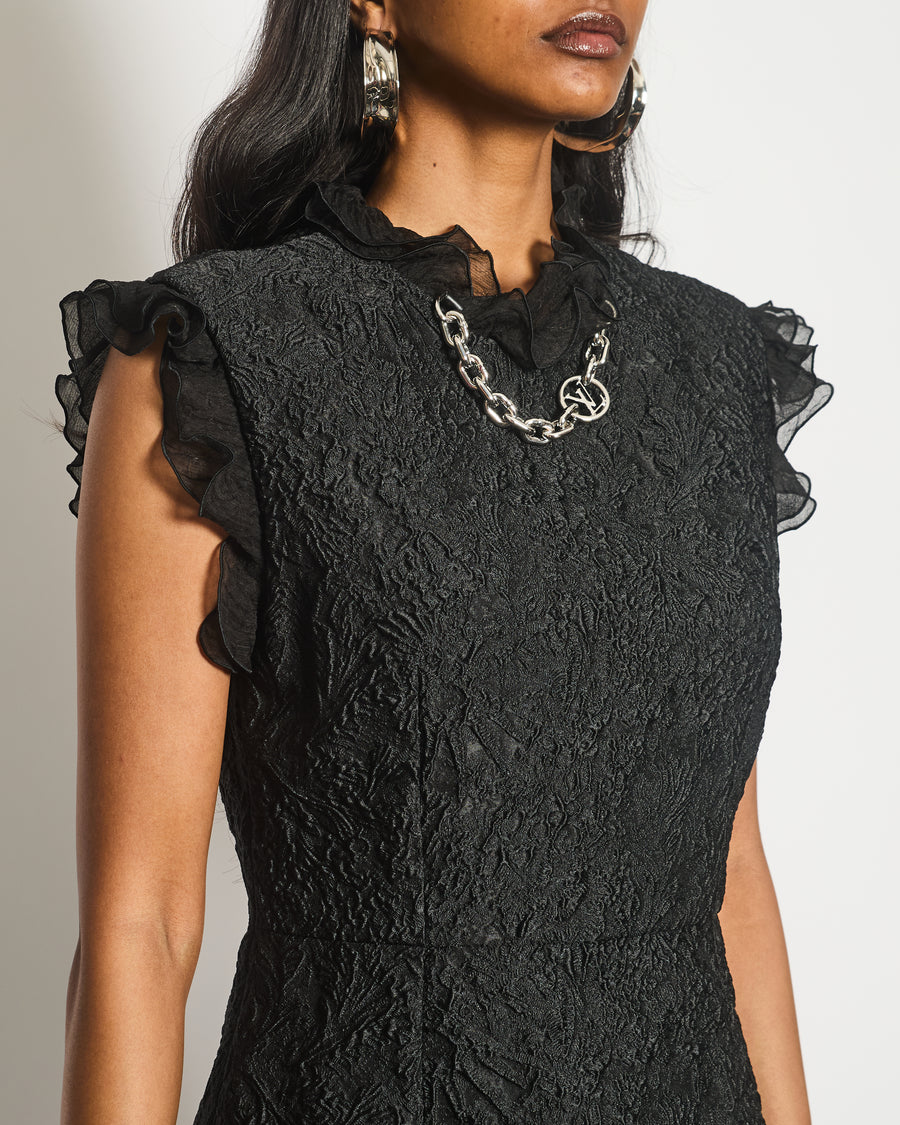Louis Vuitton Black Textured Floral Midi Dress With Chiffon Frill Detail and Silver Logo Chain Hardware FR 38 (UK 10)