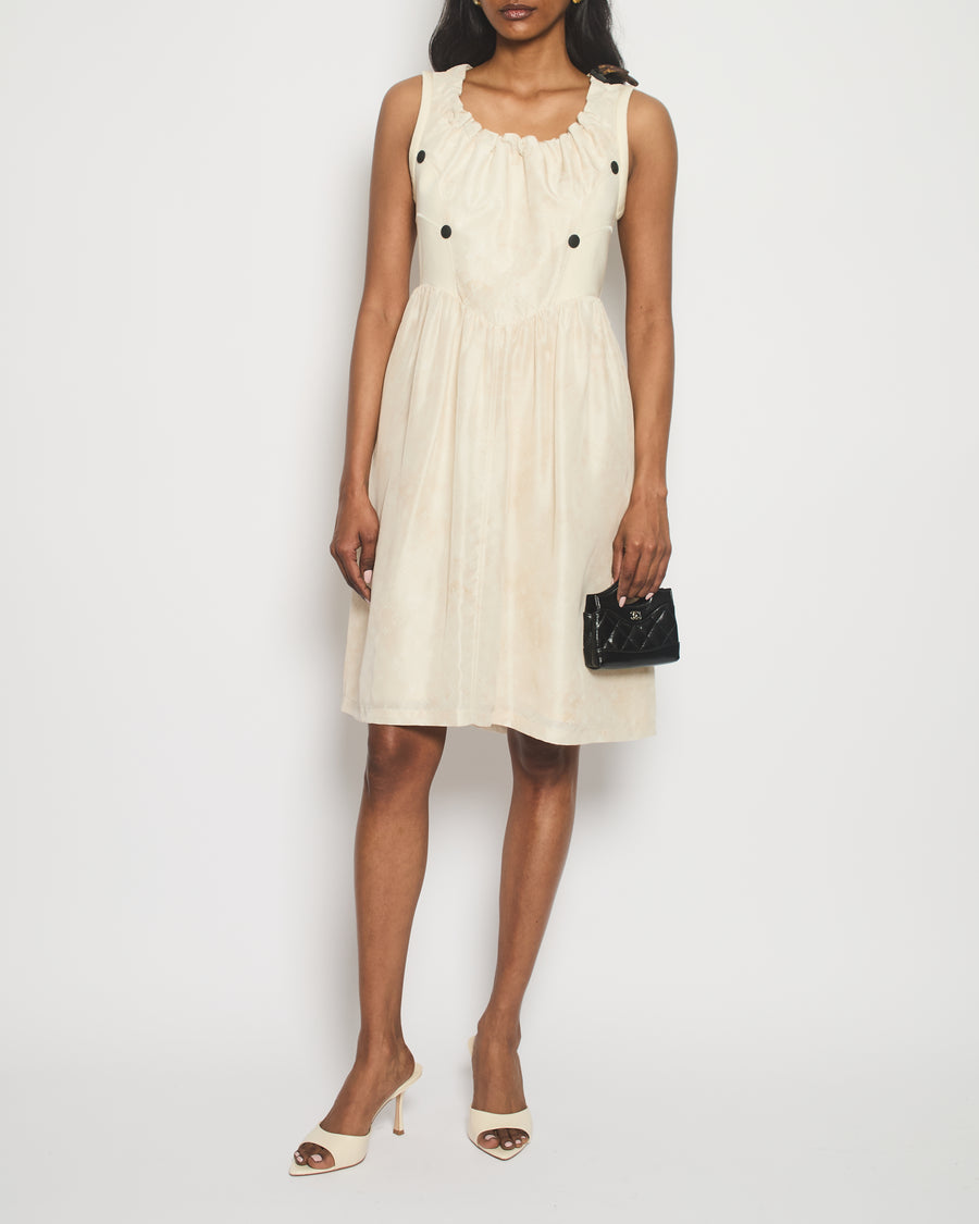 Louis Vuitton Cream Silk Monogram Midi Dress With Scuba Panelling and Drawstring Detail Size FR 38 (UK 10)