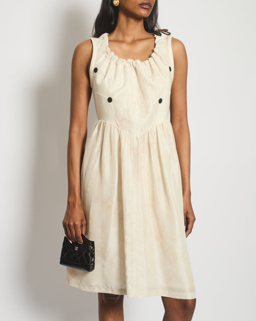 Louis Vuitton Cream Silk Monogram Midi Dress With Scuba Panelling and Drawstring Detail Size FR 38 (UK 10)