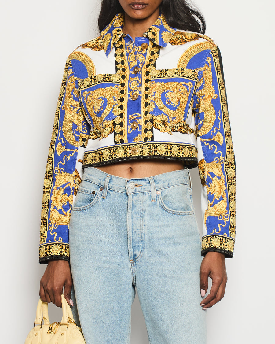 Versace Gold, Blue and White Cropped Denim Jacket with Printed and Button Details Size IT 44 (UK 12)