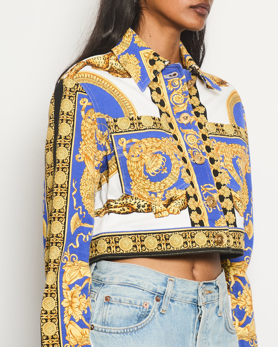 Versace Gold, Blue and White Cropped Denim Jacket with Printed and Button Details Size IT 44 (UK 12)