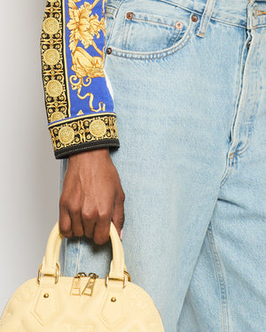Versace Gold, Blue and White Cropped Denim Jacket with Printed and Button Details Size IT 44 (UK 12)