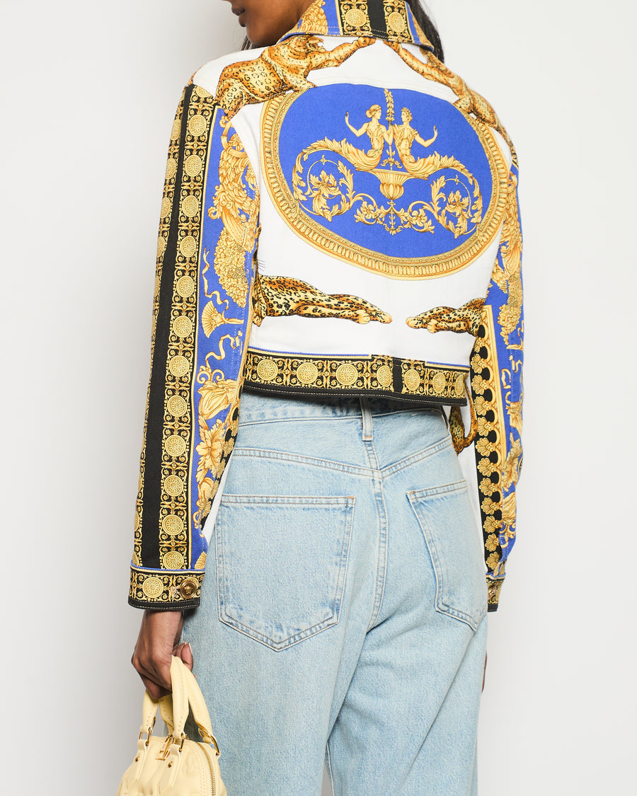 Versace Gold, Blue and White Cropped Denim Jacket with Printed and Button Details Size IT 44 (UK 12)