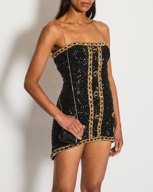 Balmain Black and Gold Sequin Mini Dress with Buttons Details Size UK 8 RRP £4,400