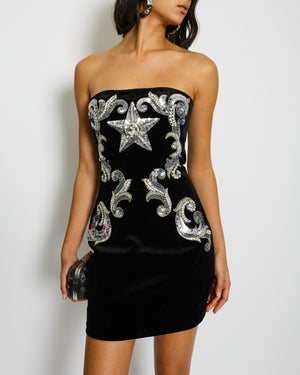 Balmain Black Velvet Mini Dress with Silver Sequin Embellishments Details Size FR 36 (UK 8) RRP £4,850