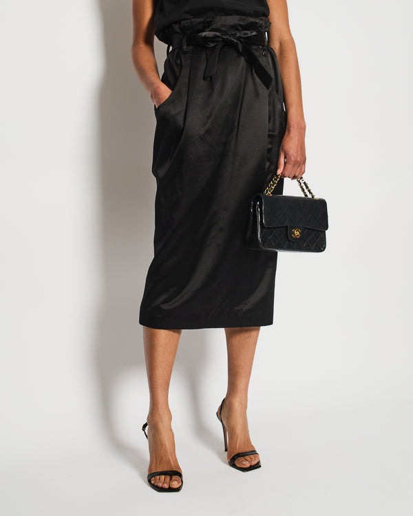 Chanel Black Satin Midi Skirt with CC Logo Detail Size FR 36 (UK 8)