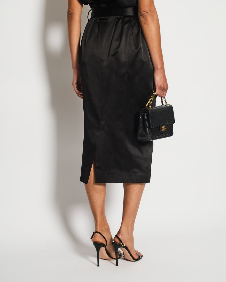 Chanel Black Satin Midi Skirt with CC Logo Detail Size FR 36 (UK 8)