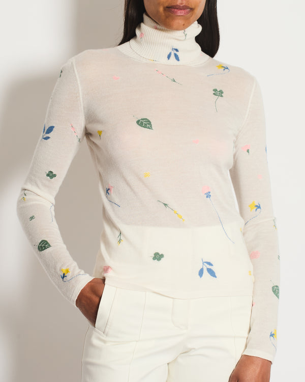 Chanel White Cashmere High-Neck Jumper with Multicolour Floral Details Size FR 34 (UK 6)