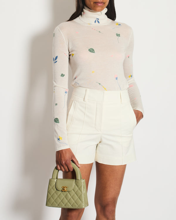 Chanel White Cashmere High-Neck Jumper with Multicolour Floral Details Size FR 34 (UK 6)