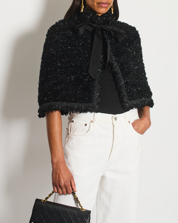 Chanel 16A Black Wool Textured Cape Jacket with Ribbon and CC Logo Detail Size FR 38/40 (UK 10/12)