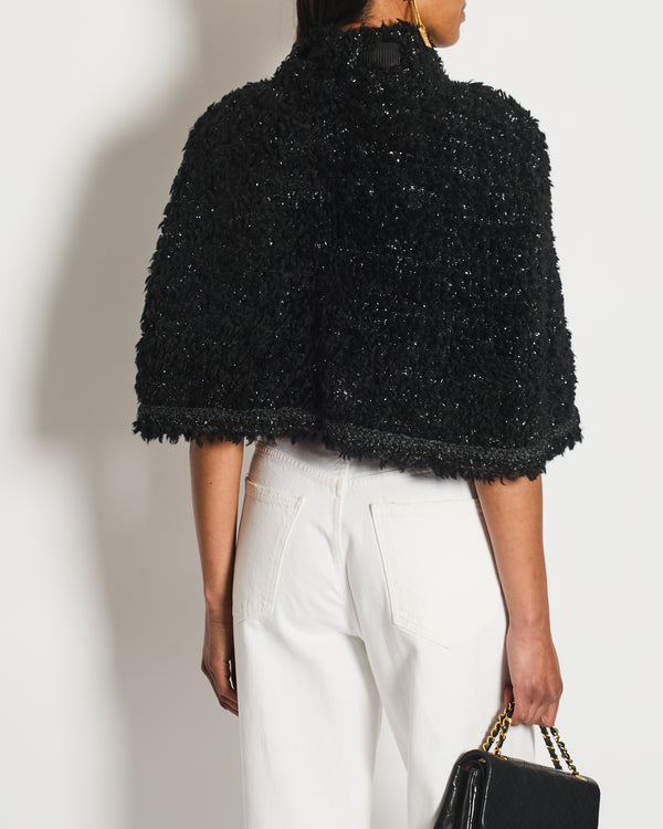 Chanel 16A Black Wool Textured Cape Jacket with Ribbon and CC Logo Detail Size FR 38/40 (UK 10/12)