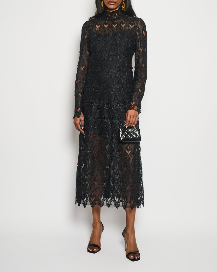 Dolce & Gabbana Black Long Sleeve Macramé Lace Maxi Dress with High Neck Detail Size IT 42 (UK 10)