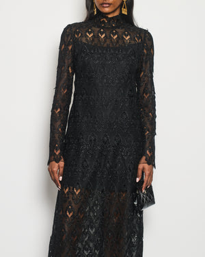Dolce & Gabbana Black Long Sleeve Macramé Lace Maxi Dress with High Neck Detail Size IT 42 (UK 10)