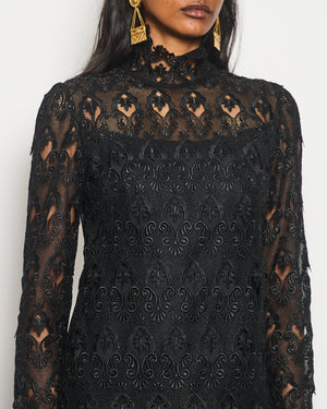 Dolce & Gabbana Black Long Sleeve Macramé Lace Maxi Dress with High Neck Detail Size IT 42 (UK 10)