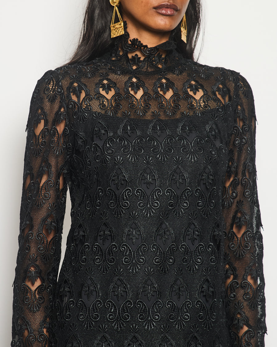 Dolce & Gabbana Black Long Sleeve Macramé Lace Maxi Dress with High Neck Detail Size IT 42 (UK 10)