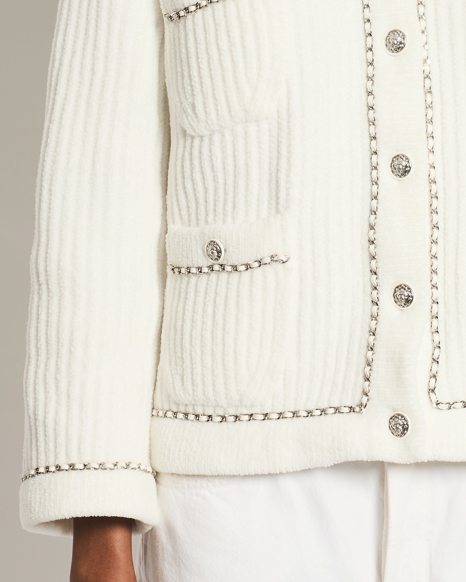 Chanel 22B Soft White Jacket with Silver Chain and Lion Chanel 22B Soft White Jacket with Silver Chain and Lion