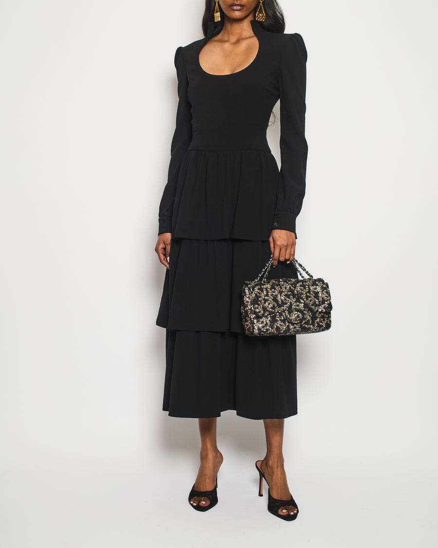 Tom Ford Black Long Sleeve Midi High Neck Dress With Layered Detail Size IT 40 (UK 8)