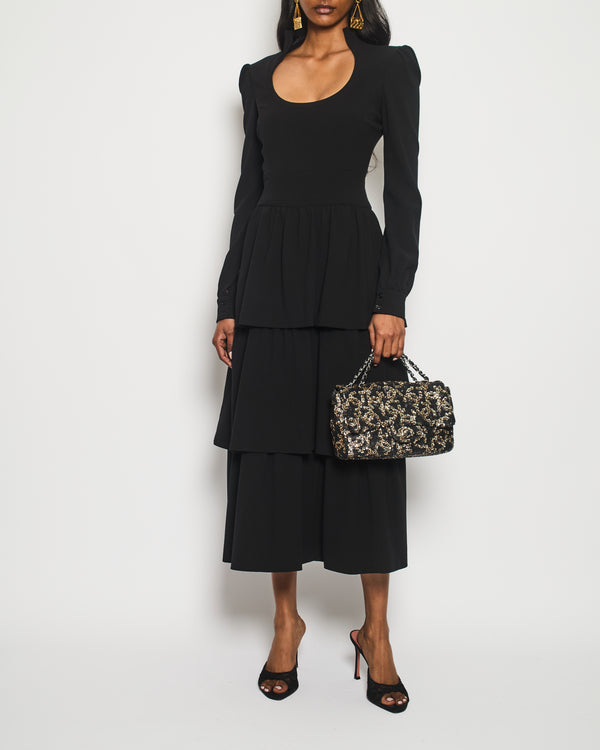 Tom Ford Black Long Sleeve Midi High Neck Dress With Layered Detail Size IT 40 (UK 8)