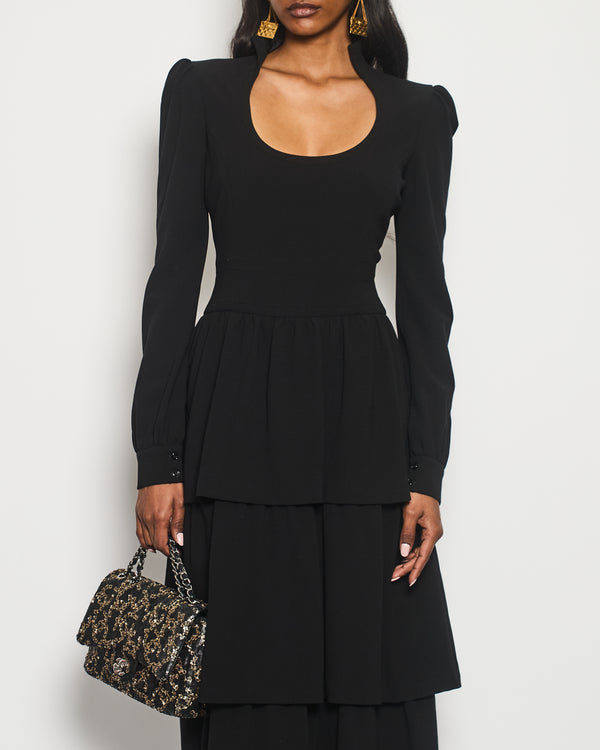 Tom Ford Black Long Sleeve Midi High Neck Dress With Layered Detail Size IT 40 (UK 8)