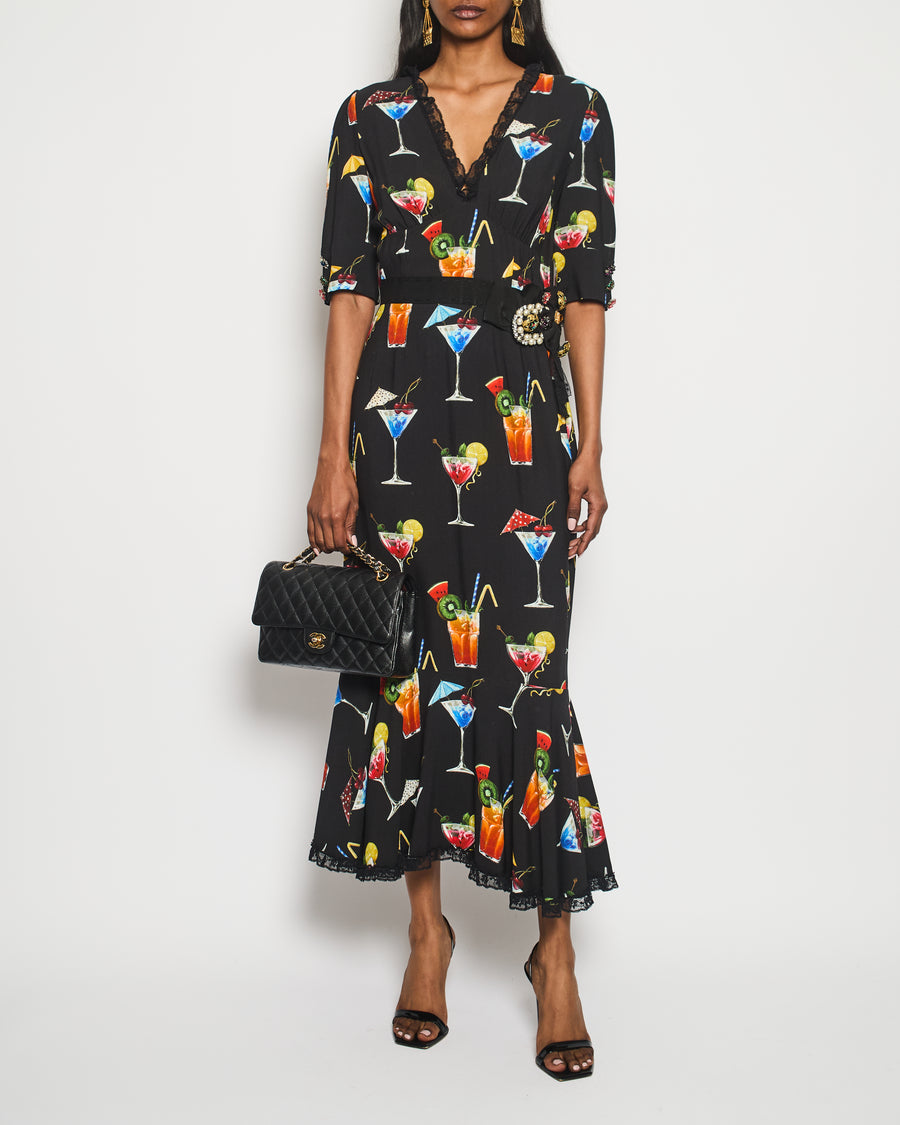 dolce and gabbana cocktail print dress Black Multi Rose Bouquet Print Satin Dress