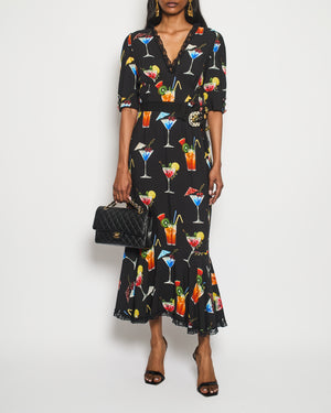 Dolce & Gabbana Black Cocktail Print Maxi Dress with Crystal Button and Lace Details Size IT 42 (UK 10)