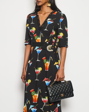 Dolce & Gabbana Black Cocktail Print Maxi Dress with Crystal Button and Lace Details Size IT 42 (UK 10)