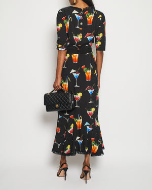 Dolce & Gabbana Black Cocktail Print Maxi Dress with Crystal Button and Lace Details Size IT 42 (UK 10)
