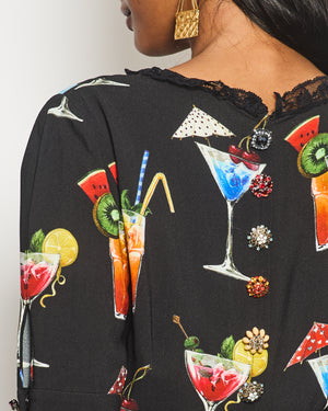 Dolce & Gabbana Black Cocktail Print Maxi Dress with Crystal Button and Lace Details Size IT 42 (UK 10)