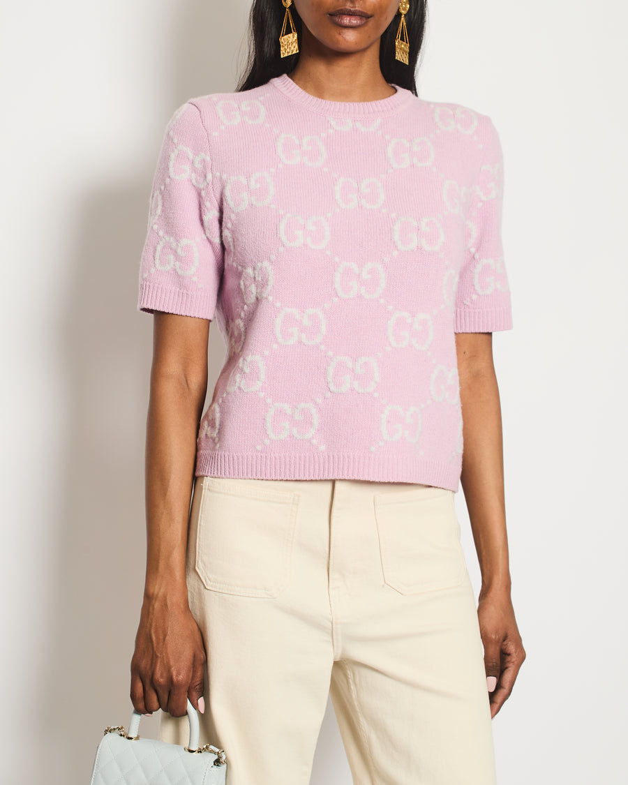 Gucci Pink GG Print Short Sleeve Knit Top Size S - IT 40 (UK 8)