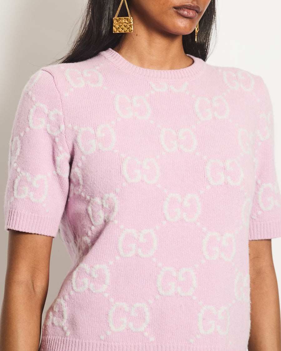 Gucci Pink GG Print Short Sleeve Knit Top Size S - IT 40 (UK 8)