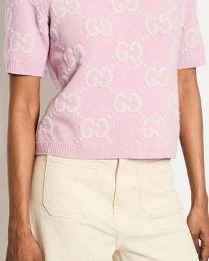 Gucci Pink GG Print Short Sleeve Knit Top Size S - IT 40 (UK 8)