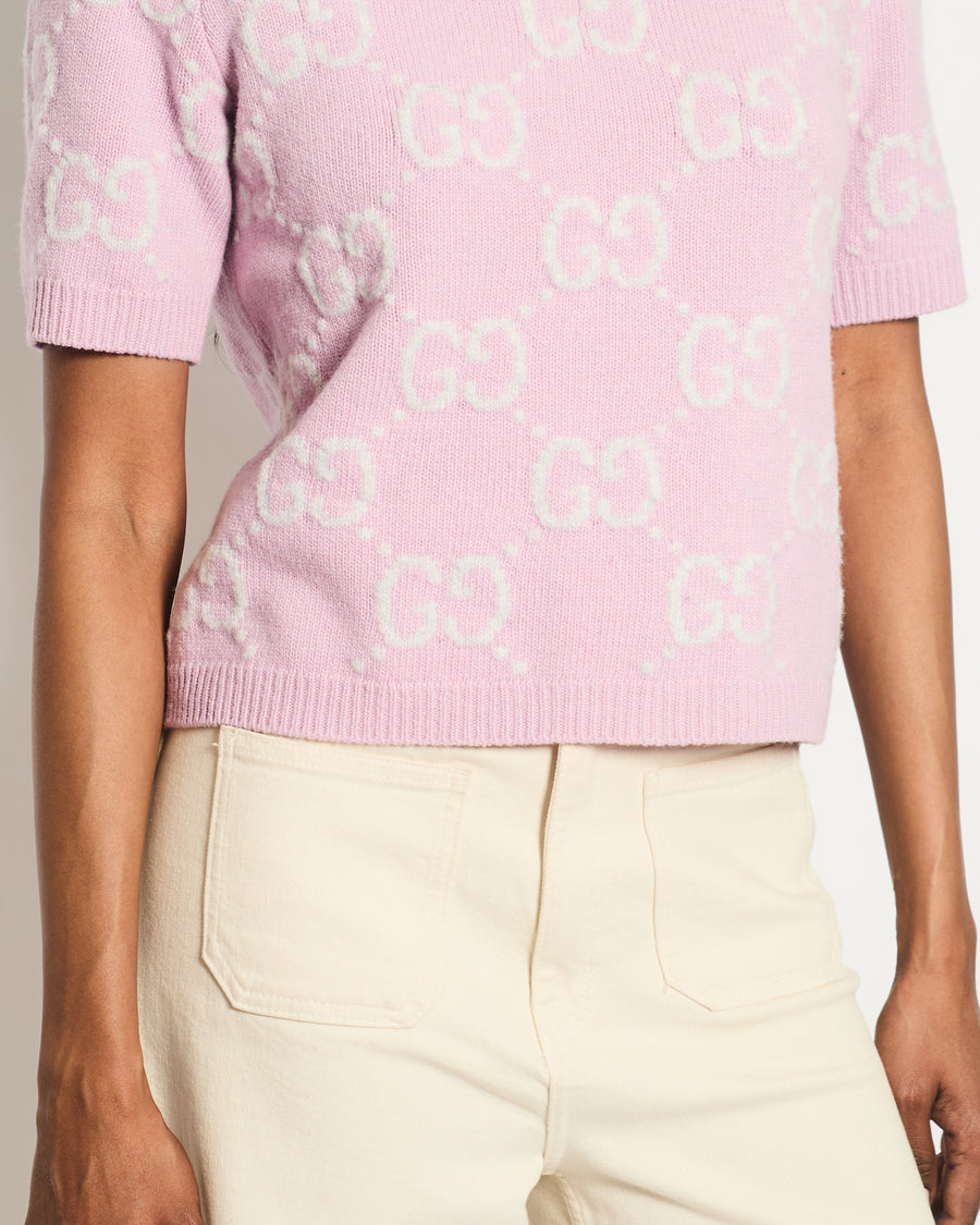 Gucci Pink GG Print Short Sleeve Knit Top Size S - IT 40 (UK 8)