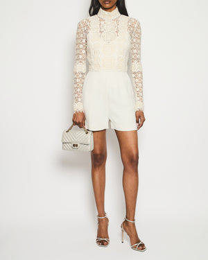 Elie Saab Cream Long Sleeve Lace Playsuit with Embroidery and Belt Detail Size FR 36 (UK 8)