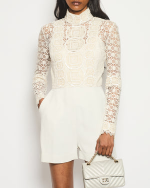 Elie Saab Cream Long Sleeve Lace Playsuit with Embroidery and Belt Detail Size FR 36 (UK 8)