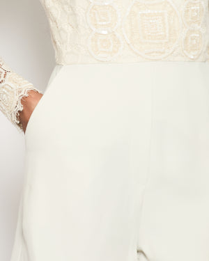 Elie Saab Cream Long Sleeve Lace Playsuit with Embroidery and Belt Detail Size FR 36 (UK 8)