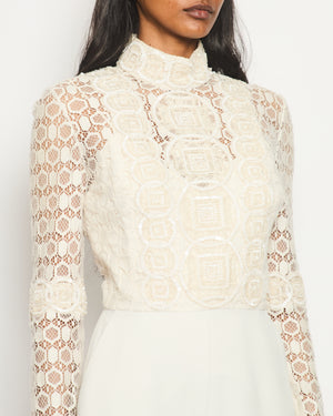 Elie Saab Cream Long Sleeve Lace Playsuit with Embroidery and Belt Detail Size FR 36 (UK 8)
