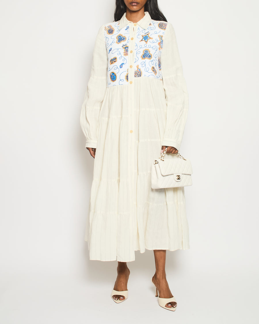 Loewe Paulas Ibiza Ivory Long Sleeve Midi Dress with Sequin Appliqué Detail Size 34 (UK 6)