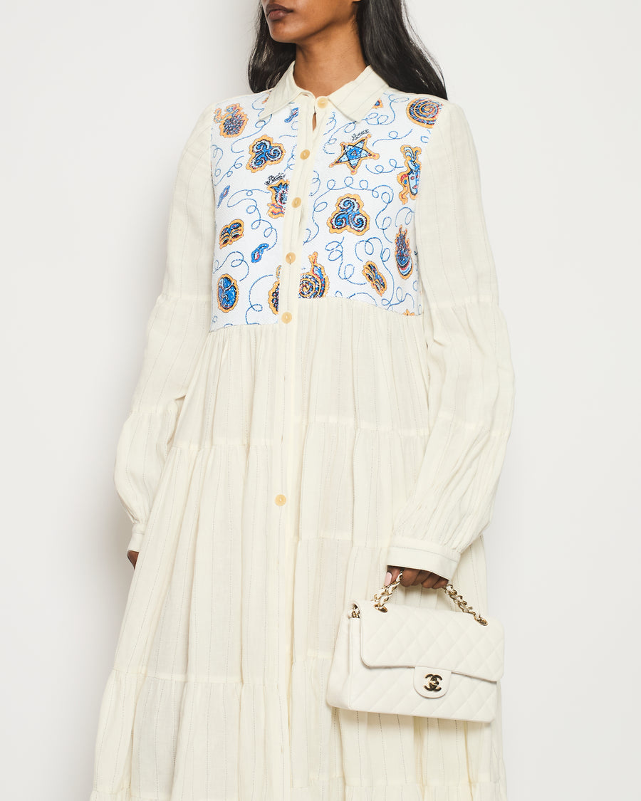 Loewe Paulas Ibiza Ivory Long Sleeve Midi Dress with Sequin Appliqué Detail Size 34 (UK 6)