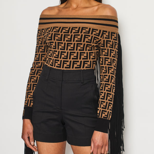 S*★様 FENDI　クロップド丈　トップス　12＋ Fendi Off Shoulder Bodysuit Top With FF Monogram and Tassle