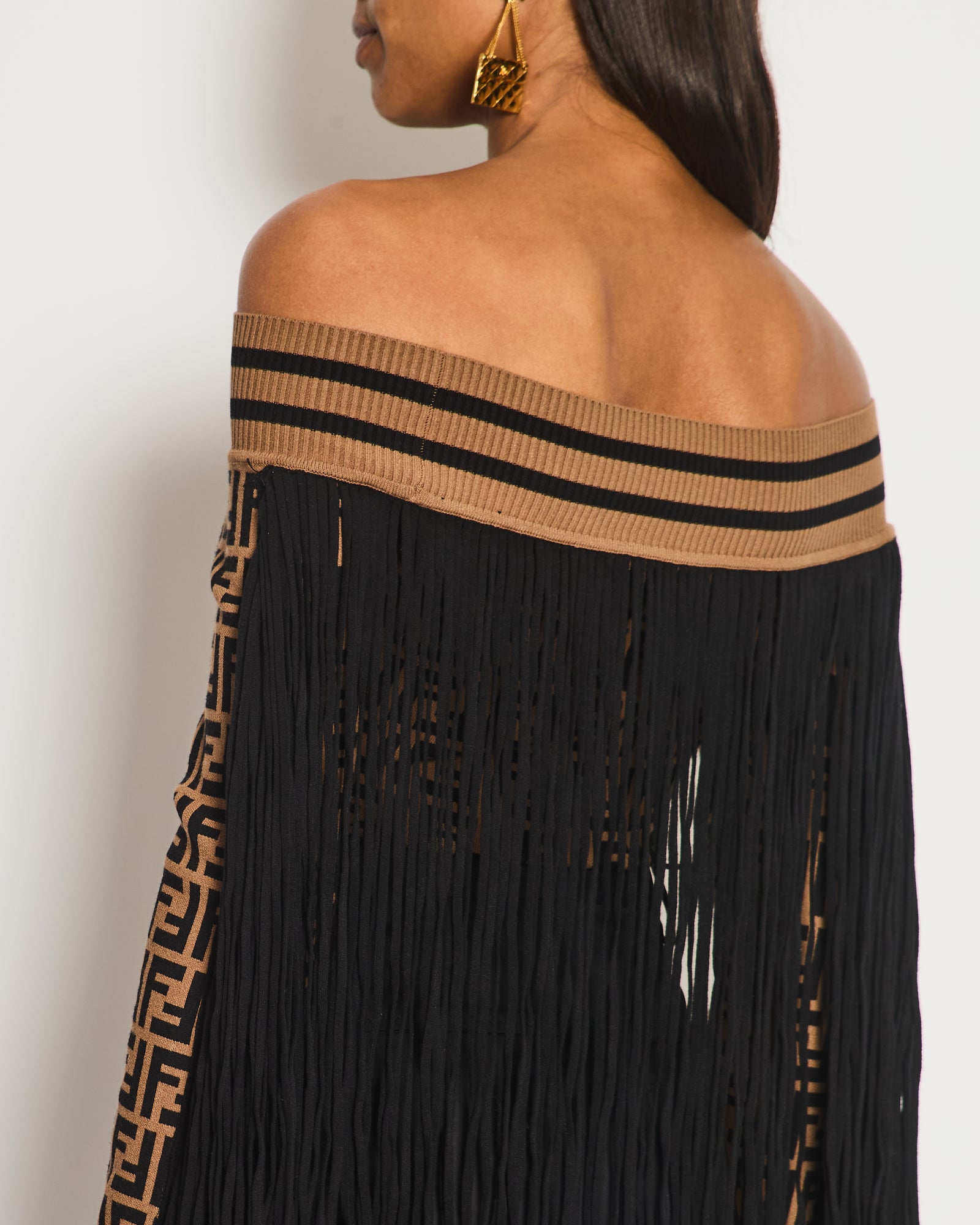 Fendi Off Shoulder Bodysuit Top With FF Monogram and Tassle