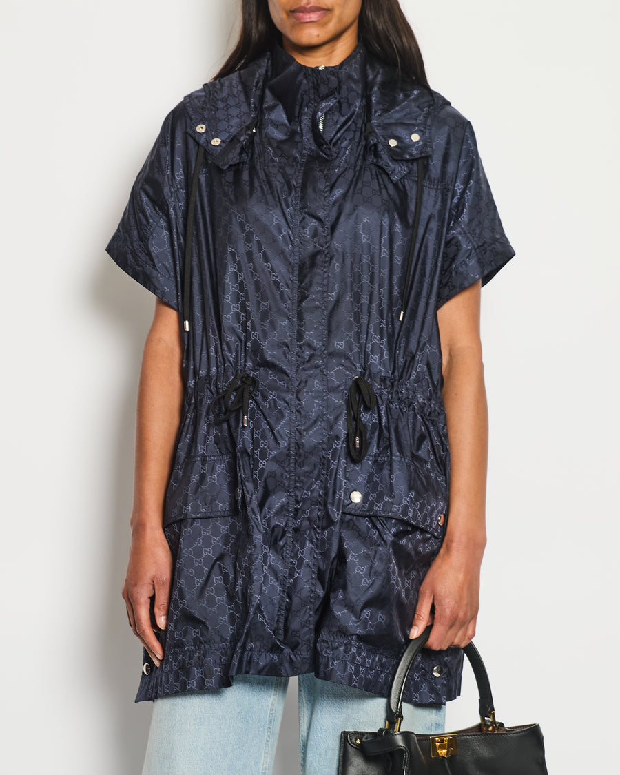 Gucci Navy GG Logo Hooded Rain Coat Size IT 38 (UK 6)