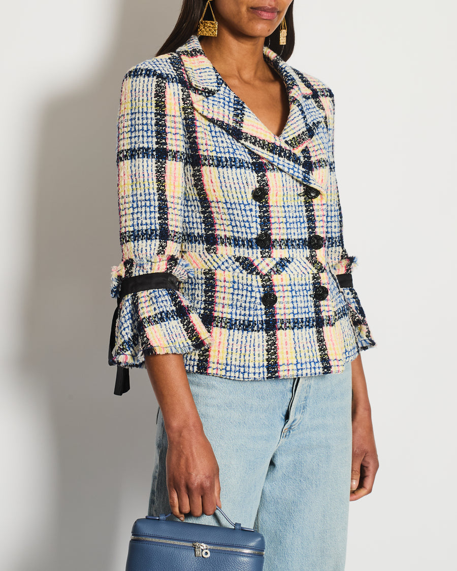 Chanel Blue and Multicolour Tweed Jacket With Black Logo Buttons and Satin Bow Details Size FR 38 (UK 10)