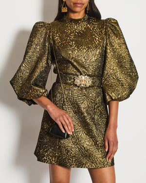 Andrew GN Belted Gold Metallic Puff Sleeve Mini Dress Size FR 38 (UK 10)