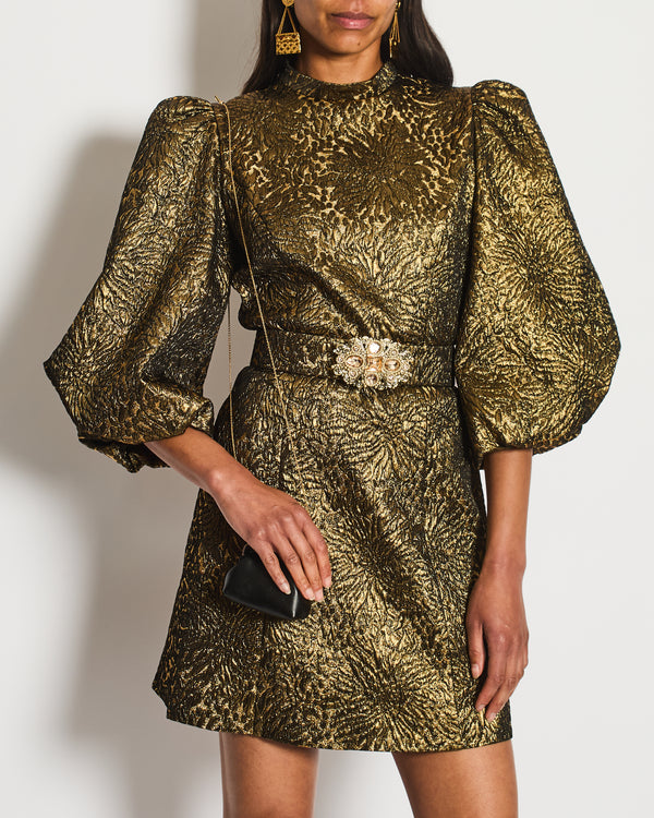 Andrew GN Belted Gold Metallic Puff Sleeve Mini Dress Size FR 38 (UK 10)