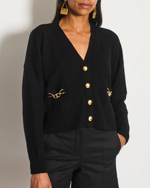 Celine Black Cashmere Cropped Long Sleeve Cardigan with Gold Triomphe Logo Details Size Small UK 8 RRP £1400